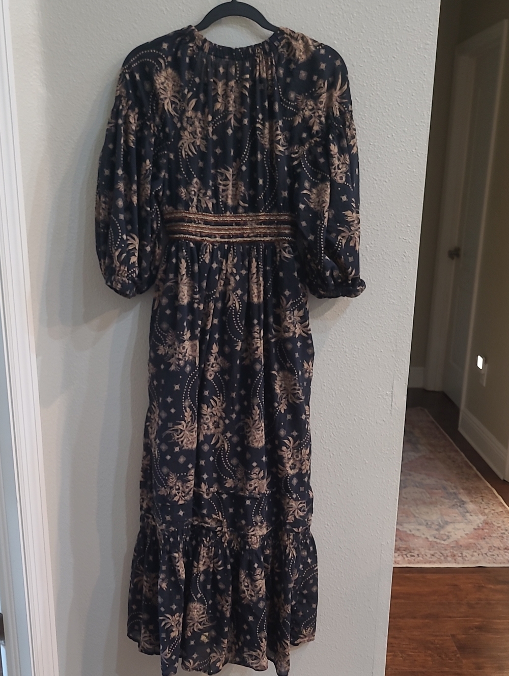 Free People Black Maxi Dress with Tan Floral Print Boho, Natural Material Size M - Picture 7 of 10